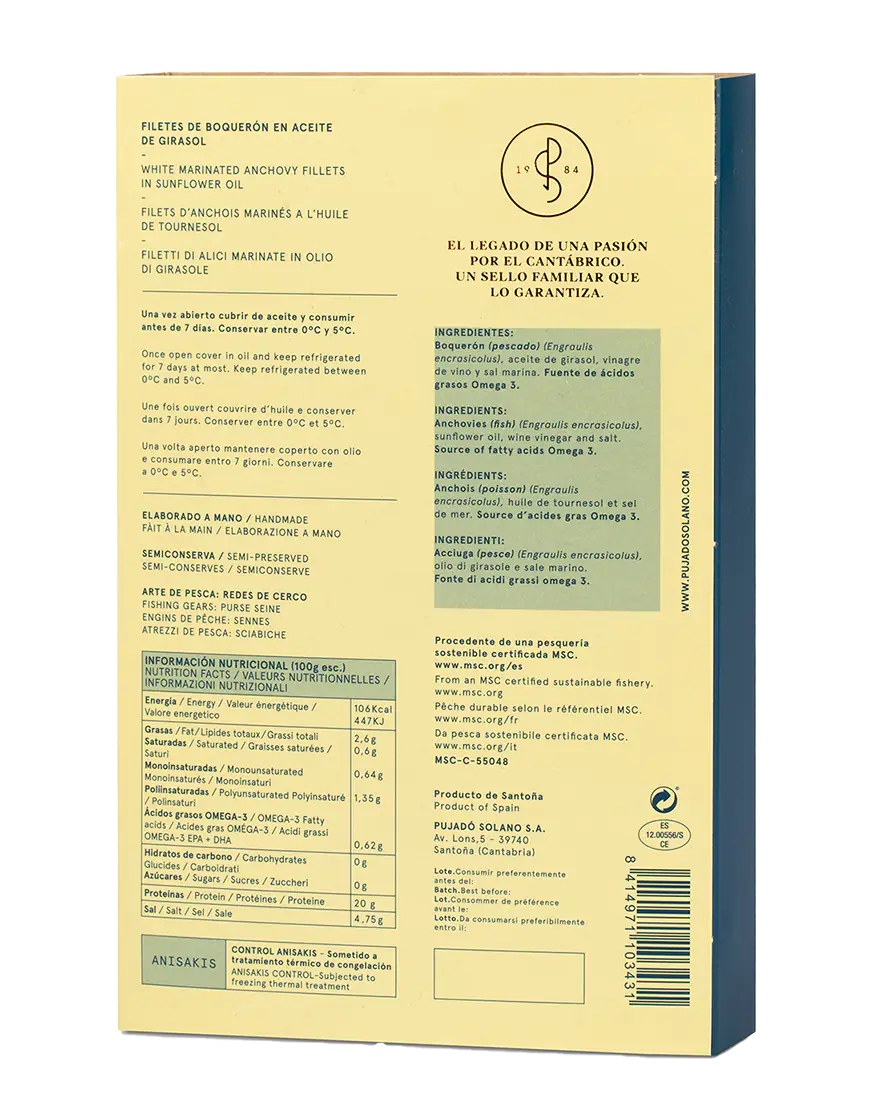 Información nutricional e ingredientes de los Boquerones del Cantábrico Pujadó Solano